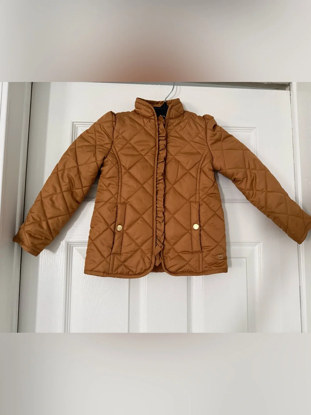 crown & ivy Quilted Tan Puffer Jacket with Ruffle Trim